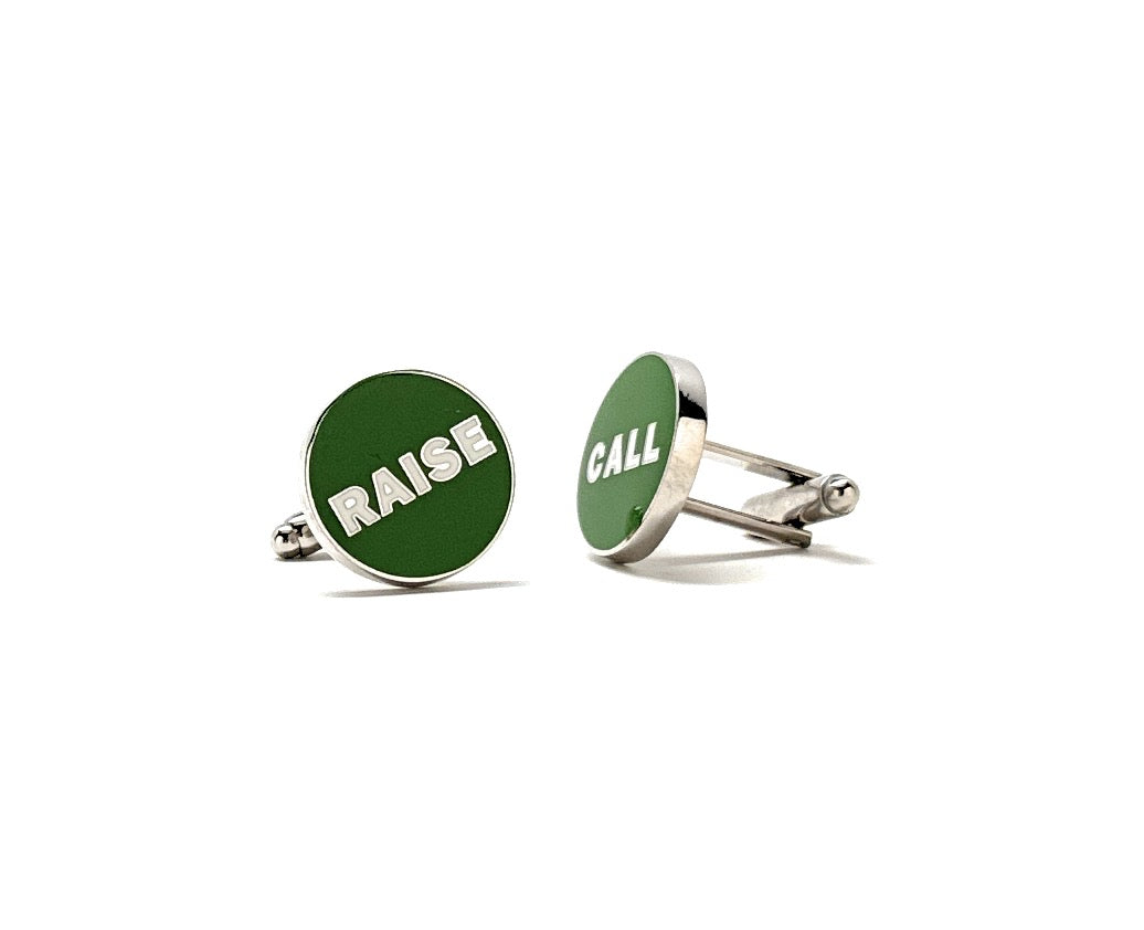 Raise Call Cufflinks Green White Enamel Las Vegas Poker Player Cuff Links Risk it All Gambler Gift for Gambling Fun