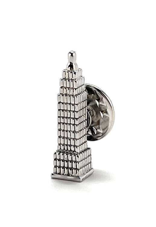 Silver Empire State Building lapel pin with detailed skyscraper design – iconic New York City souvenir and fashion accessory by JayPins