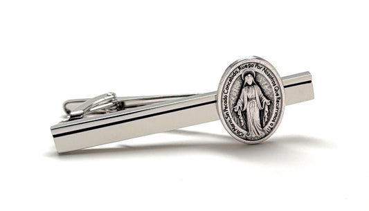Spanish Edition Mother Mary Miraculous Medal Silver Tie Bar for Men – Religious Catholic Jewelry