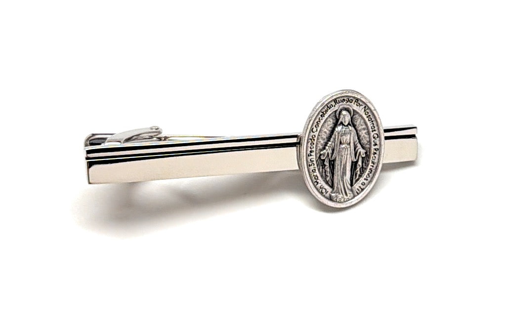 Spanish Edition Mother Mary Miraculous Medal Silver Tie Bar for Men – Religious Catholic Jewelry