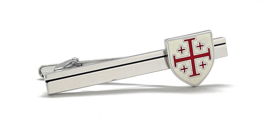 Crusaders Shield Tie Clip Jerusalem Cross Cut White and Red Enamel Design Silver Tone 3D Five-Fold Cross Tie Bar
