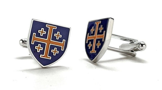 Royal Crusaders Shield Cufflinks Jerusalem Cross Cuffs Purple and Gold Enamel Design Silver Tone 3D Five-Fold Cross Cuff Links
