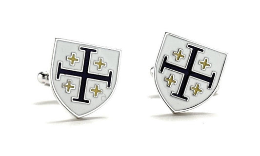 Kings Cross Cufflinks Royal Crusaders Shield Jerusalem Cross Cuff Links White Dark Purple with Gold Enamel 3D Five-Fold Cross Cuff Links