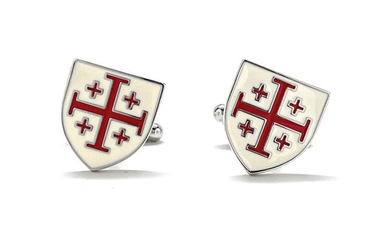 5 Crosses Cufflinks Crusaders Shield Cufflinks Jerusalem Cross Cuffs White and Red Enamel Design Silver Tone 3D Five-Fold Cross Cuff Links