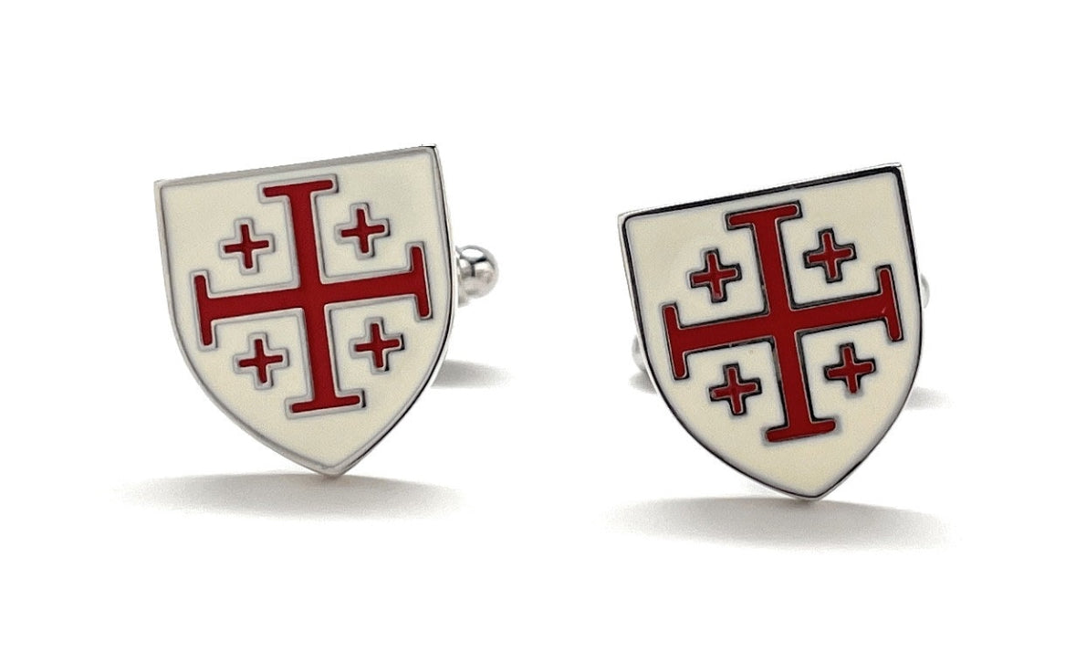 5 Crosses Cufflinks Crusaders Shield Cufflinks Jerusalem Cross Cuffs White and Red Enamel Design Silver Tone 3D Five-Fold Cross Cuff Links