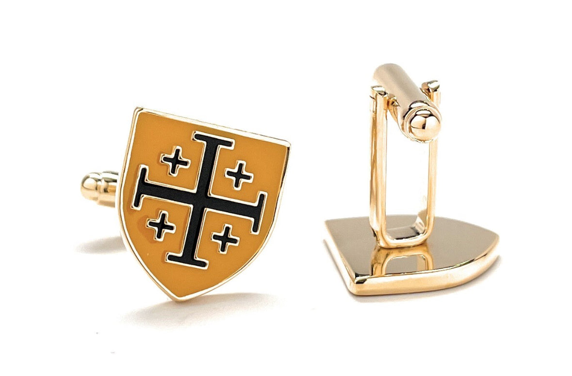 Crusaders Shield Cufflinks Jerusalem Cross Cuffs Yellow and Black Enamel Design Silver Tone 3D Five-Fold Cross Cuff Links