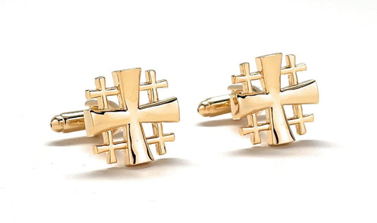 Jerusalem Cross Cufflinks Crusaders Shield Cut Out Design Gold Tone 3D Five-Fold Cross Cuff Links