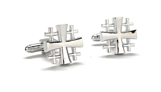 Jerusalem Cross Cufflinks Crusaders Shield Cut Out Design Silver Tone 3D Five-Fold Cross Cuff Links