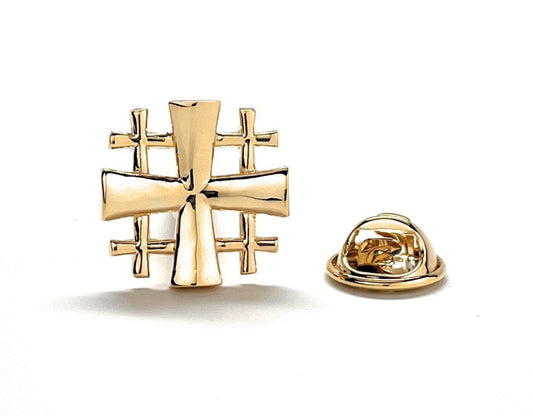 Jerusalem Cross Lapel Pin Crusaders Shield Cut Out Design Gold Tone 3D Five-Fold Cross Pin Tie Tack Lanyard Pins