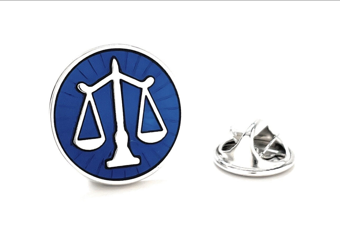 Scale of Justice Pin Lawyer Enamel Pin Court of Law Attorney Judge Tie Tack Law Student Blue Enamel Silver Trim Pro Pin