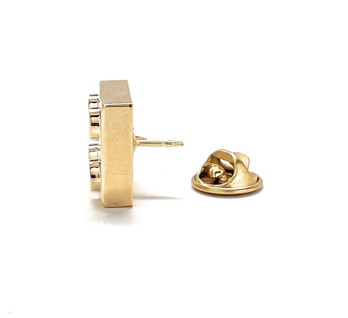 side view gold building block lapel pin 