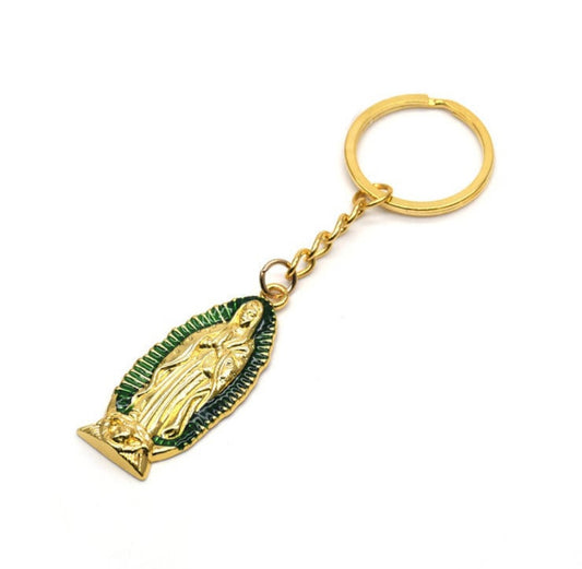 Our Lady of Guadalupe Keychain Religious Gold Tone Green Enamel Key Ring Catholic Jewelry Christian Jewelry Key Ring Blessed Mother Virgin