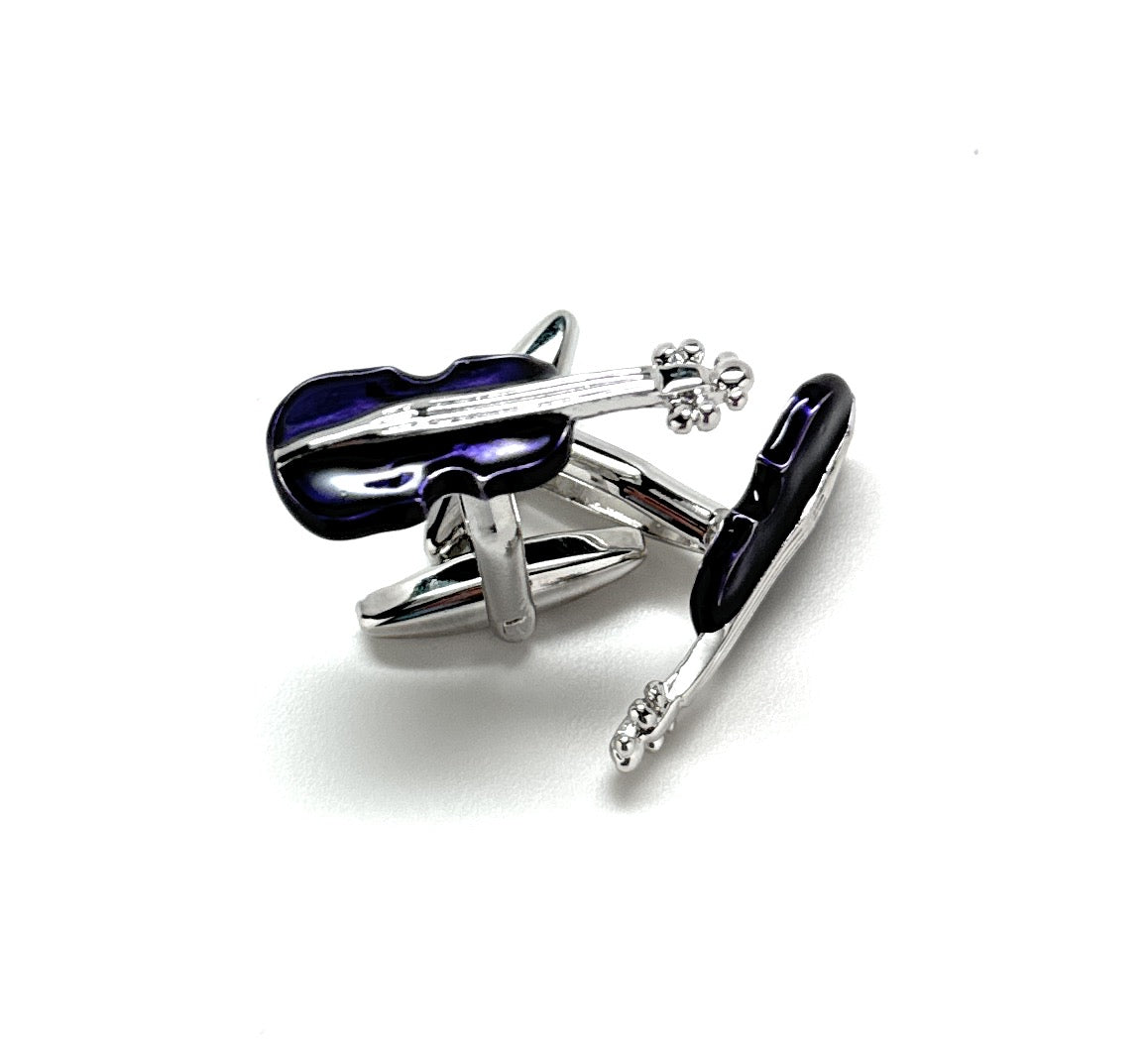 Men's Cufflinks Violin Deep Purple Enamel Silver Detailed Trim Cuff Links Music Lovers Gift Orchestra