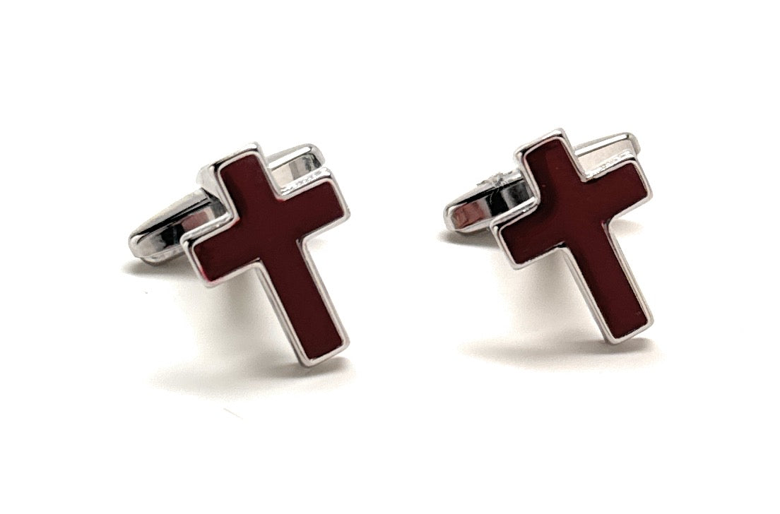 Men's Cufflinks Deep Red Enamel Cross Silver Rhodium Trim Religious Gifts Clergy Gift