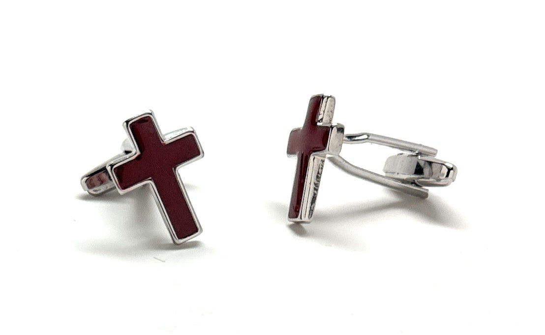 Men's Cufflinks Deep Red Enamel Cross Silver Rhodium Trim Religious Gifts Clergy Gift