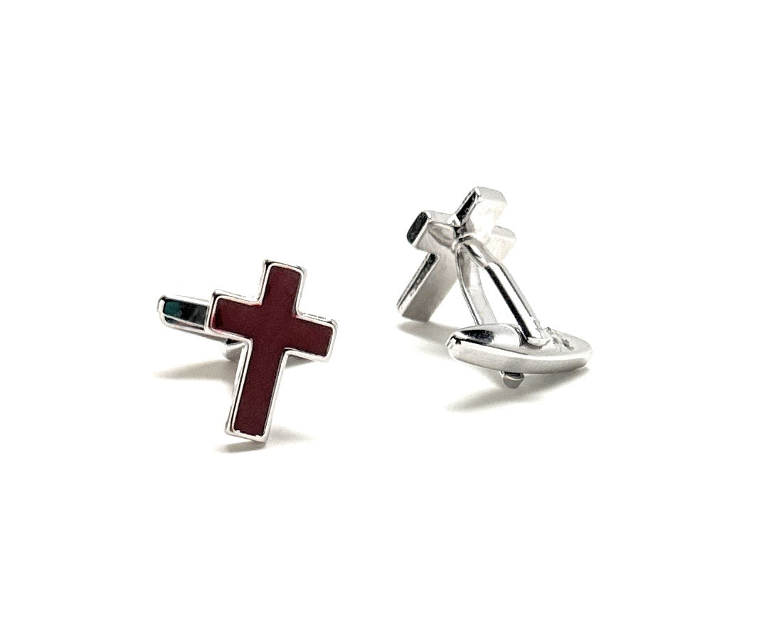 Men's Cufflinks Deep Red Enamel Cross Silver Rhodium Trim Religious Gifts Clergy Gift