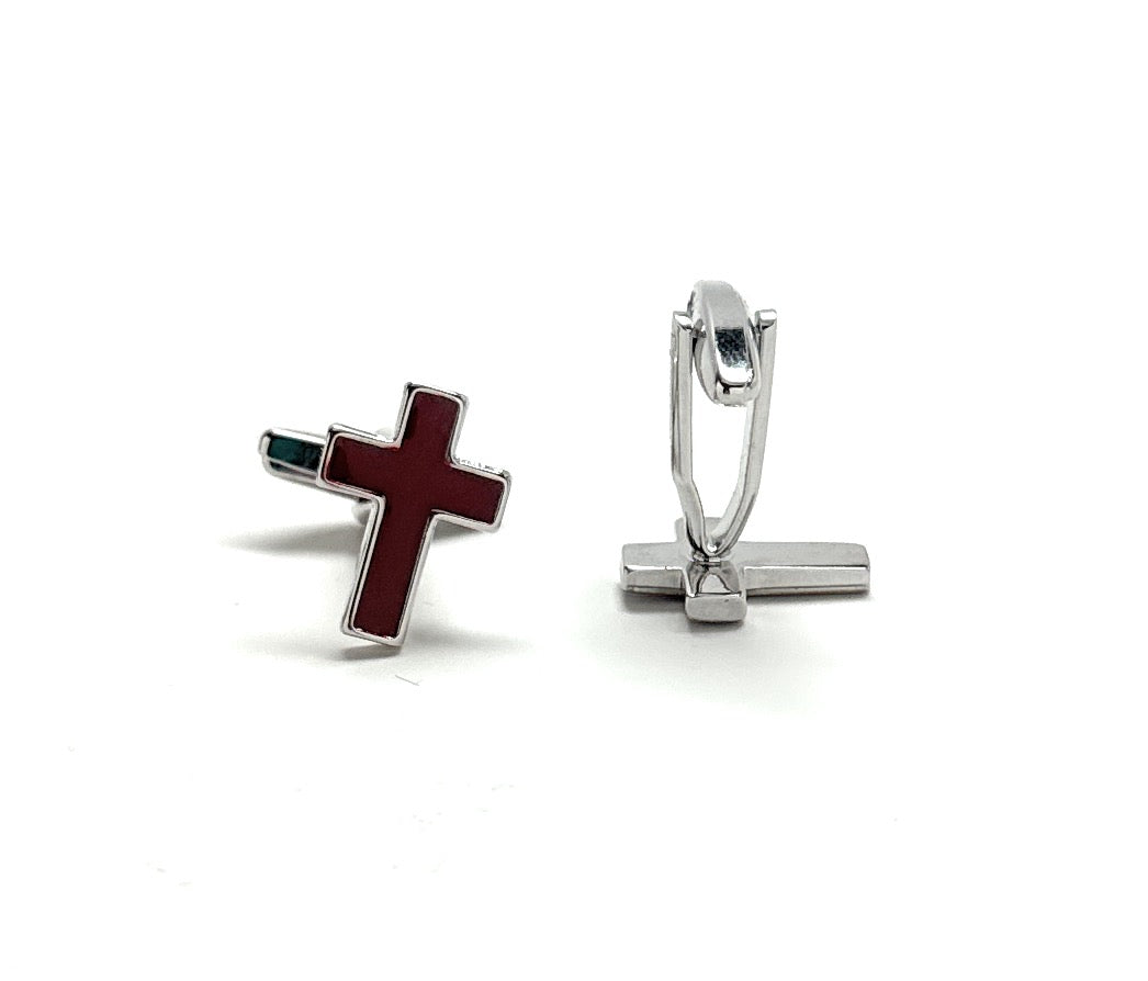 Men's Cufflinks Deep Red Enamel Cross Silver Rhodium Trim Religious Gifts Clergy Gift