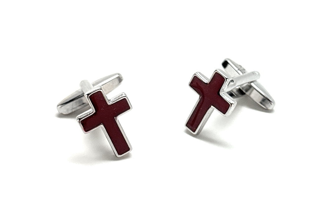 Men's Cufflinks Deep Red Enamel Cross Silver Rhodium Trim Religious Gifts Clergy Gift