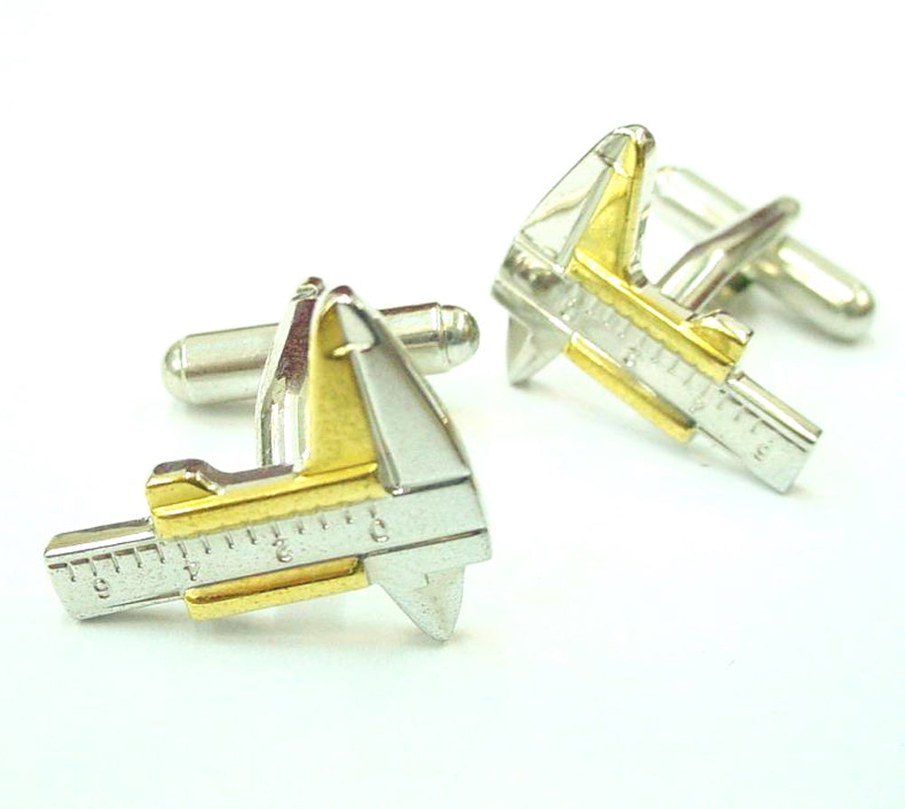 Cufflinks designed like a combination square tool on a white background