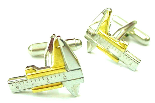 Gold and silver caliper-shaped cufflinks on a white background