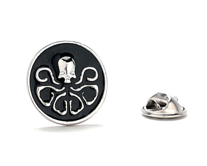 Black and silver octopus-shaped lapel pin on a white background