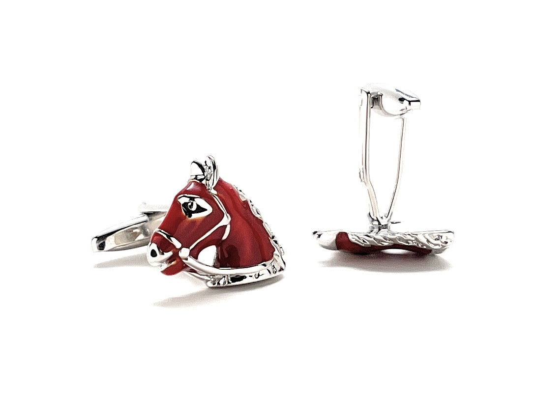 Red horse-shaped cufflinks on a white background
