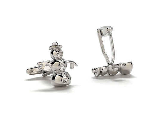 Silver snowman-shaped cufflink on a white background