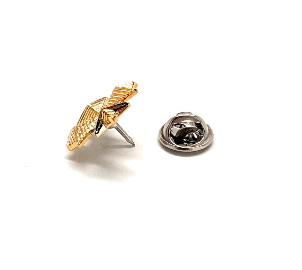 Gold and silver lapel pin on a white background