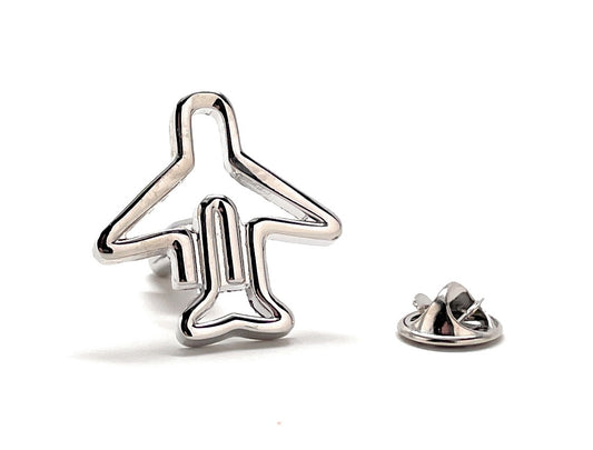 Silver airplane-shaped lapel pin on a white background