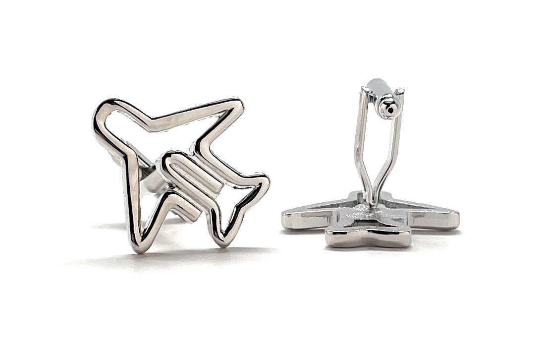 Silver airplane-shaped cufflinks on a white background