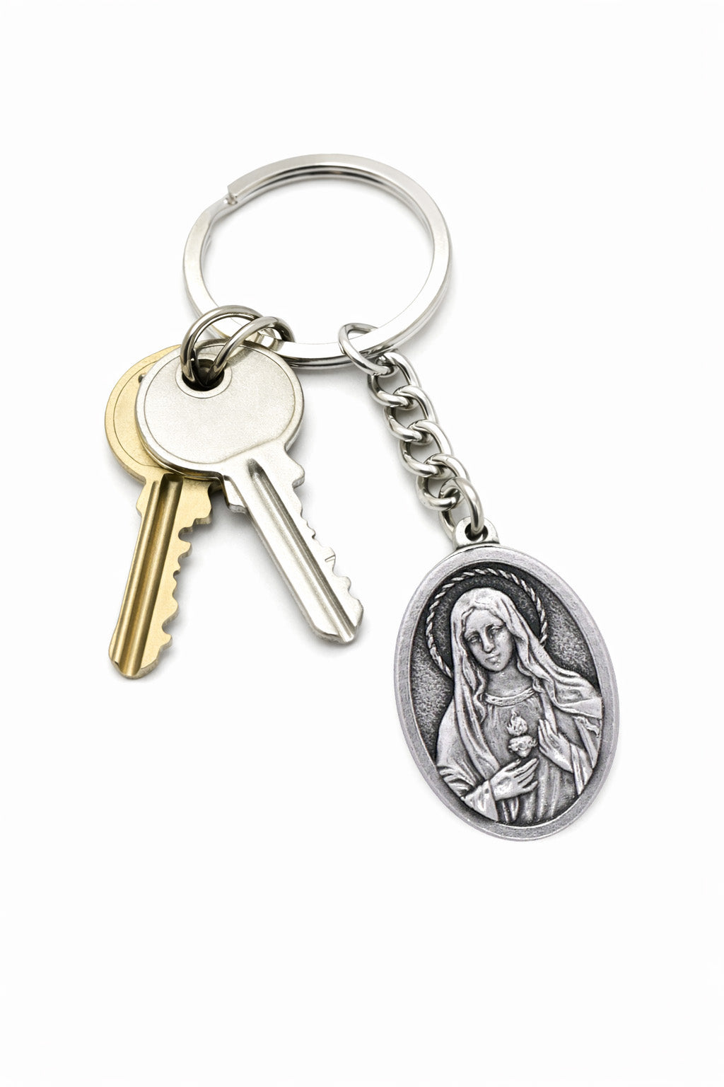 Immaculate Heart of Mary Catholic keychain with keys Virgin Mary medal on white background