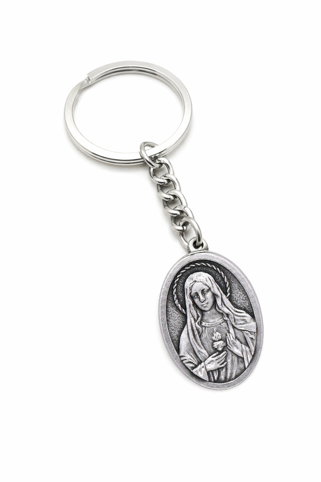 Immaculate Heart of Mary Catholic keychain with Virgin Mary medal on white background
