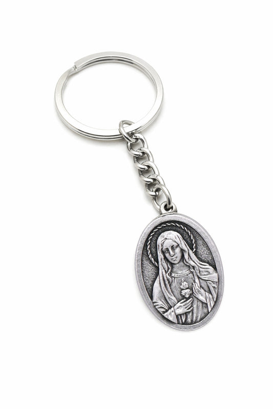 Immaculate Heart of Mary Catholic keychain with Virgin Mary medal on white background