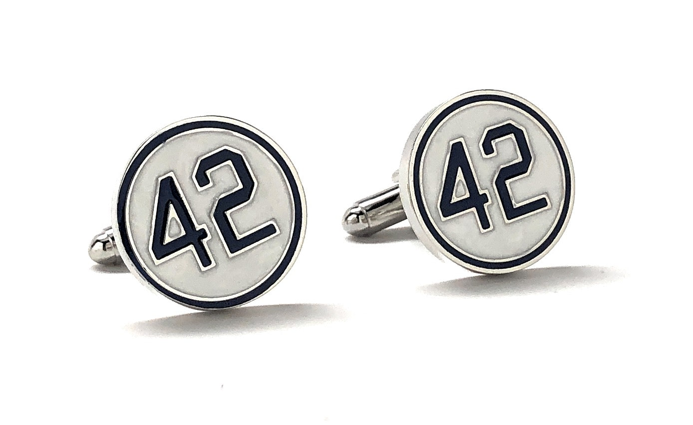 Jackie Robinson number 42 white and blue enamel baseball cufflinks