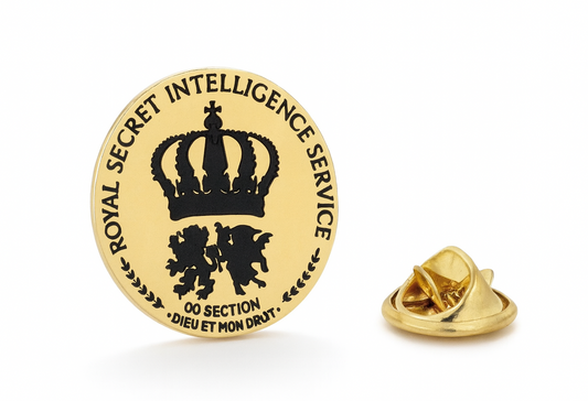 Gold and black 'Royal Secret Intelligence Service' pin on a white background