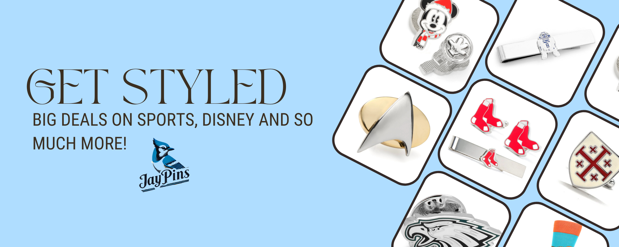 JayPins men’s accessories – cufflinks, tie bars, lapel pins, and gifts featuring sports, Disney, and novelty designs
