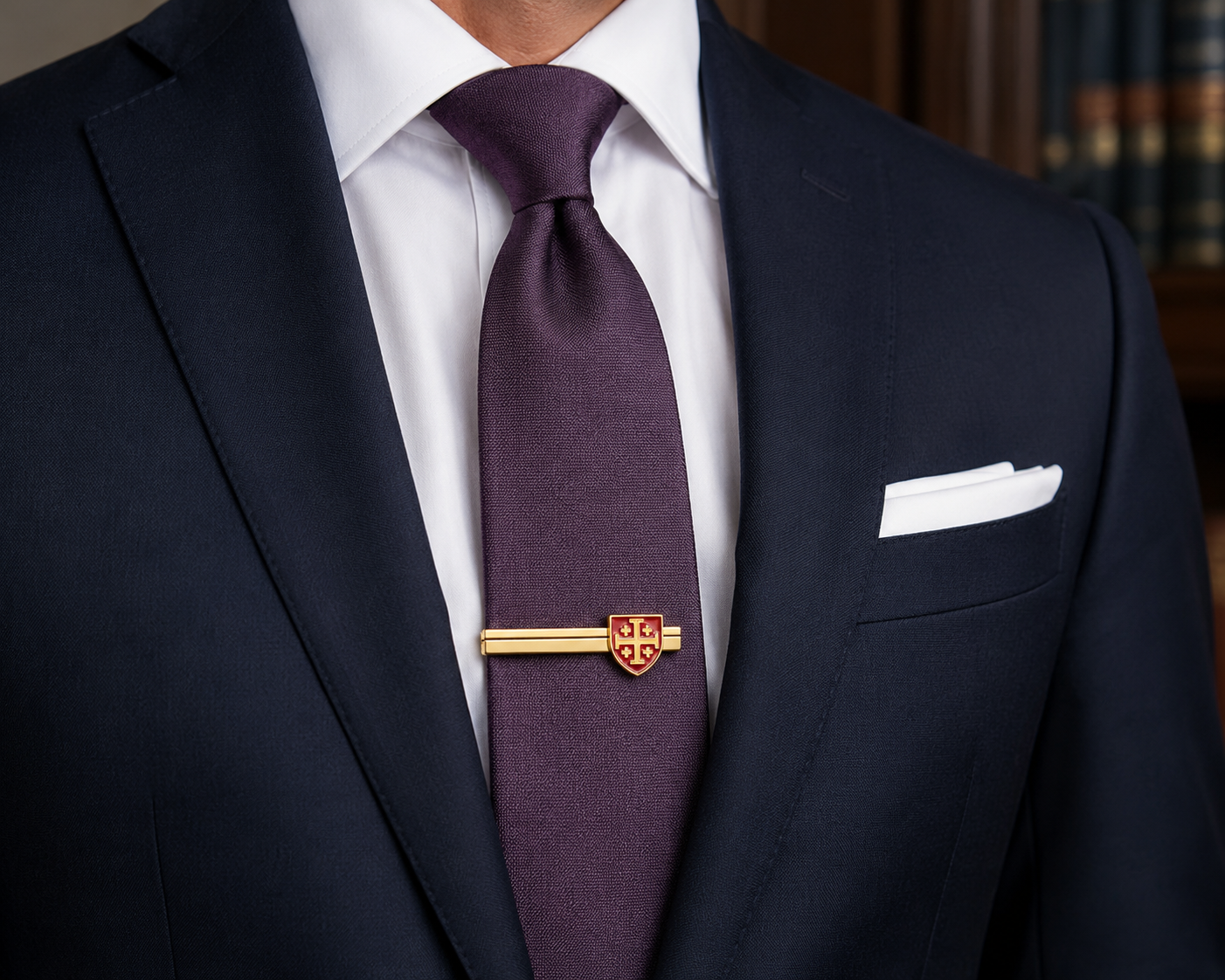 A close-up of a man's formal attire featuring a dark navy suit jacket, a crisp white dress shirt, a textured purple tie, a white pocket square, and a gold tie bar with a small red crest.