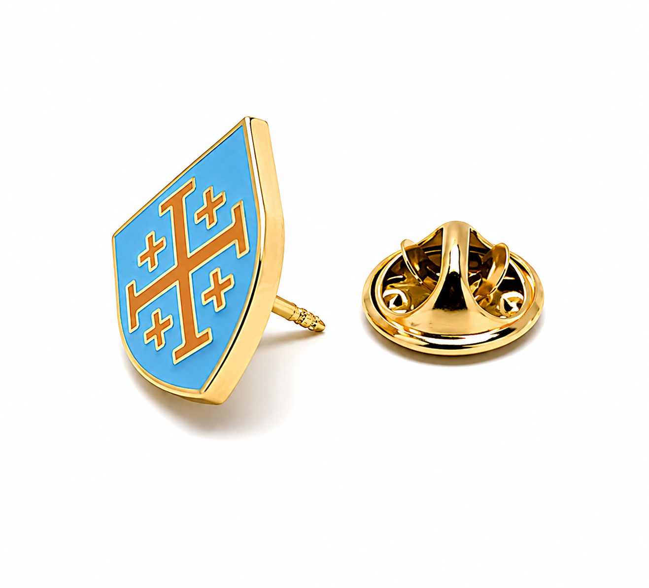 A gold-tone enamel pin shaped like a shield, featuring a light blue background with a gold cross pattern, shown alongside its gold-tone metal clutch backing on a white background.