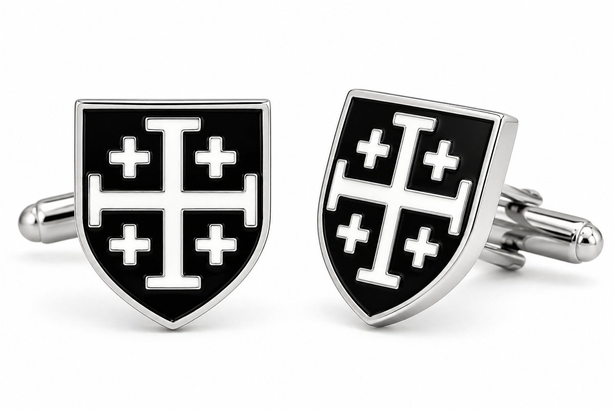 Jerusalem Cross Shield Cufflinks Black and White Enamel 