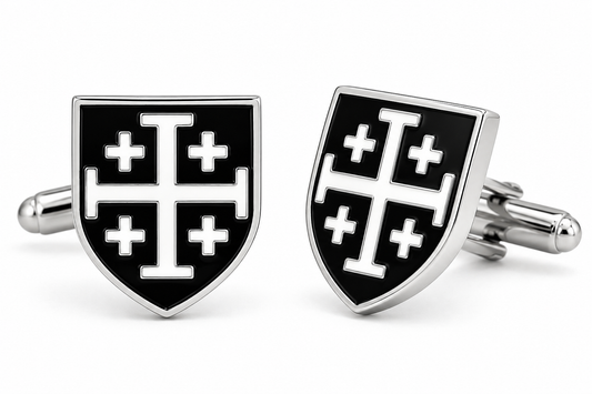 Jerusalem Cross Shield Cufflinks Black and White Enamel 