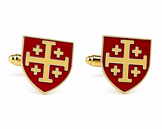 Gold and red enamel Jerusalem Cross shield cufflinks for men