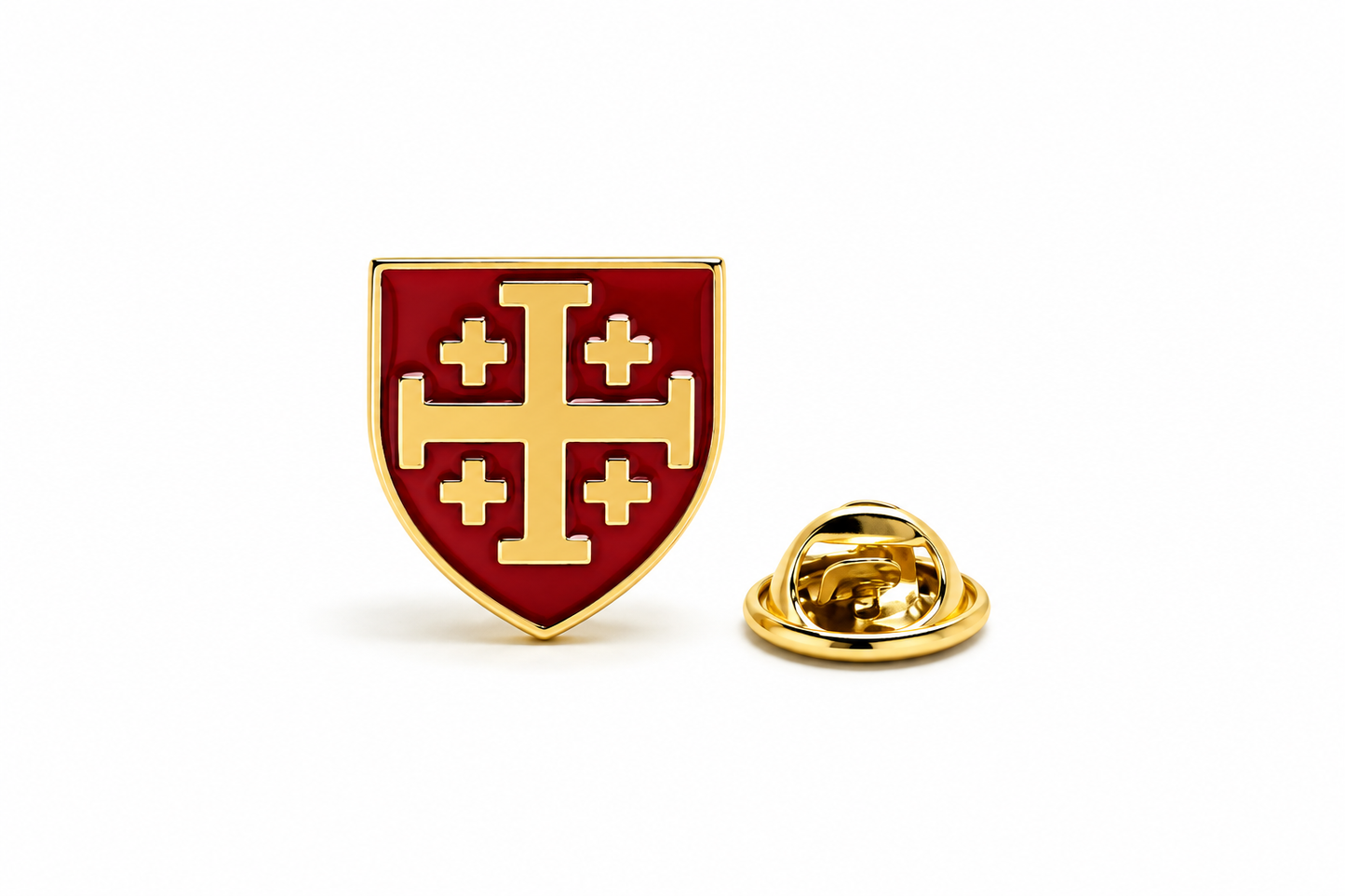 A red and gold shield-shaped enamel pin featuring a gold cross with six smaller crosses, shown alongside its gold metal clutch backing on a white background.