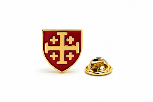 A red and gold shield-shaped enamel pin featuring a gold cross with six smaller crosses, shown alongside its gold metal clutch backing on a white background.