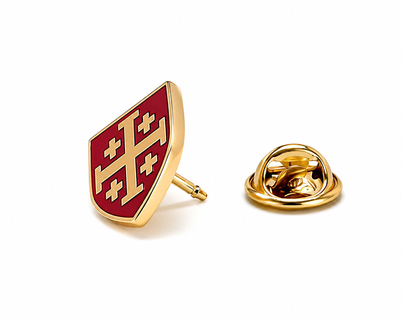 Gold shield-shaped enamel lapel pin with a red background and gold cross motif, shown alongside the gold metal clutch backing on a white background.