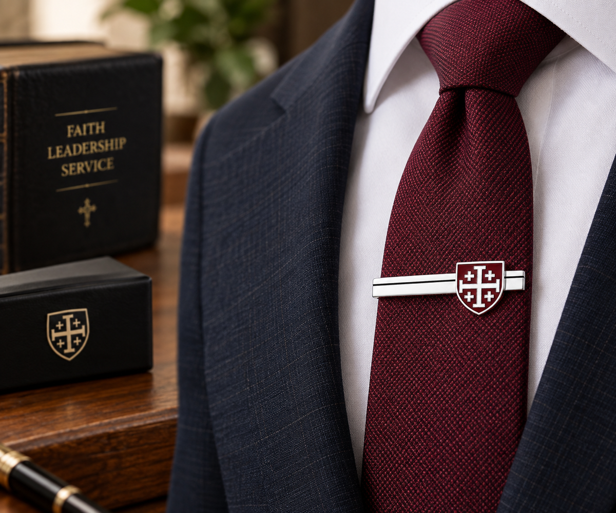 A close-up of a man wearing a navy suit jacket, white dress shirt, burgundy tie, and a silver-toned tie bar with a red and white shield emblem. A black leather-bound book and matching black box with gold lettering sit on a wooden desk in the background.