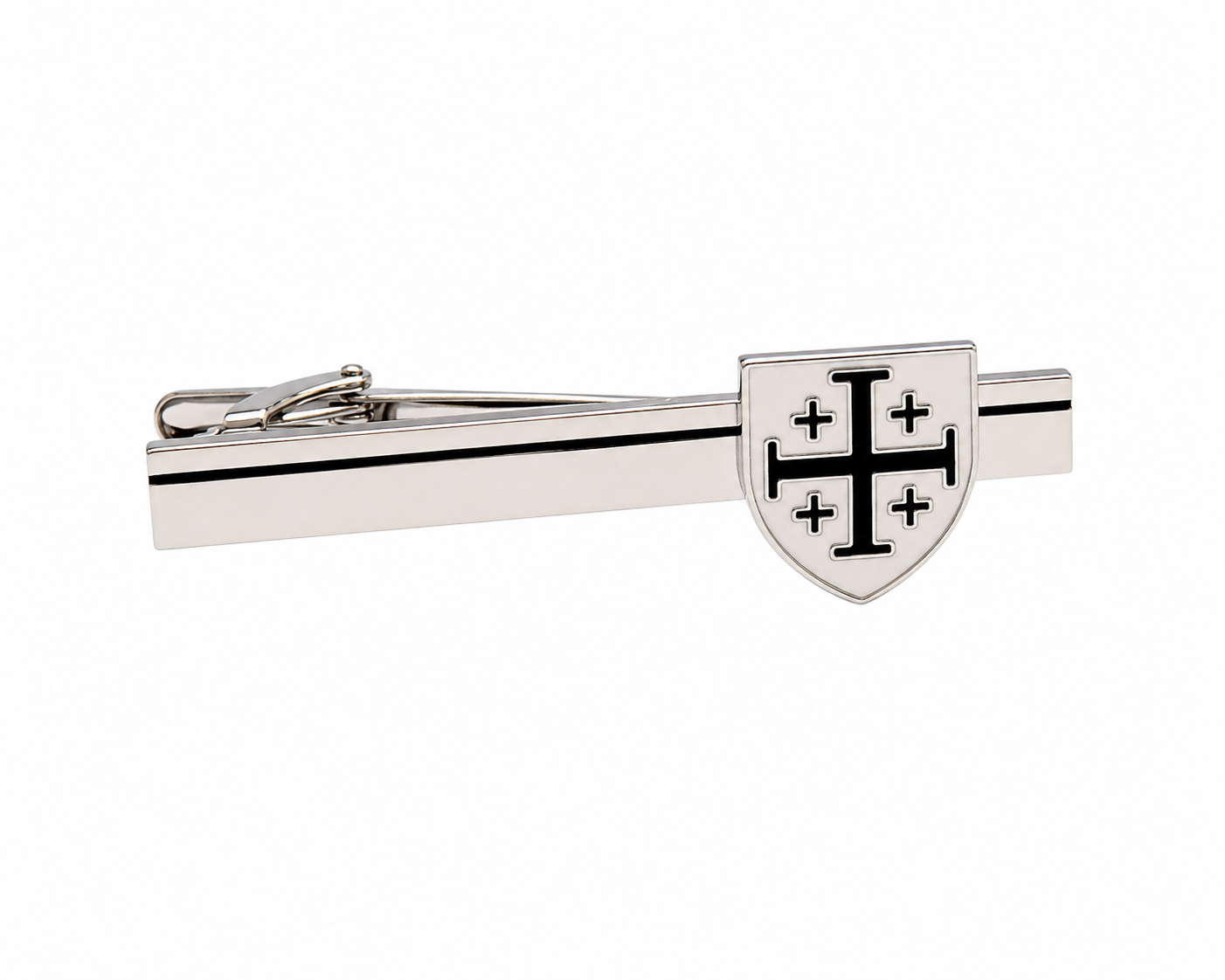 Silver Jerusalem Cross tie clip featuring black and white enamel shield design for men's formal wear.