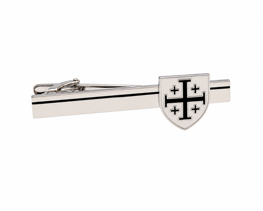 Silver Jerusalem Cross tie clip featuring black and white enamel shield design for men's formal wear.