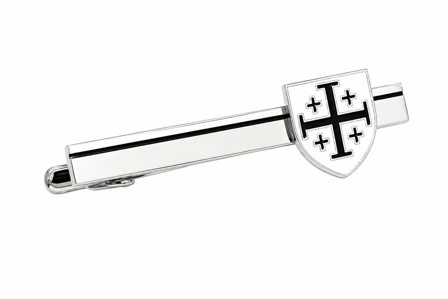 A silver-toned tie bar featuring a shield-shaped end with a black Templar cross motif, shown on a plain white background.