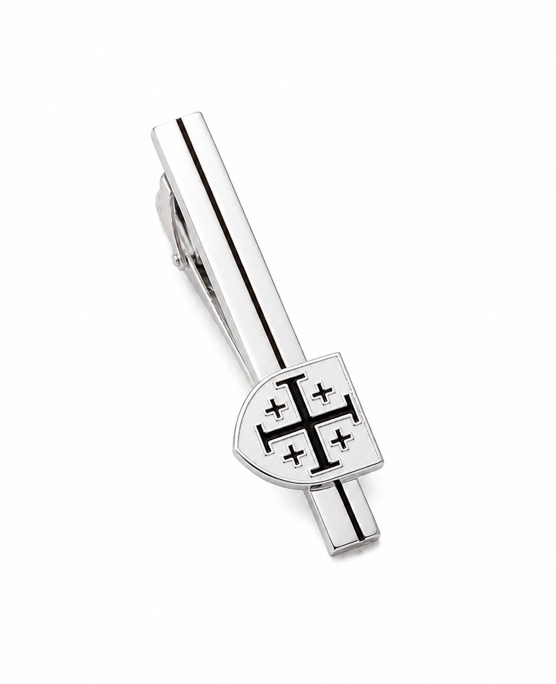 Silver Jerusalem Cross tie clip featuring black and white enamel shield design for men's formal wear.