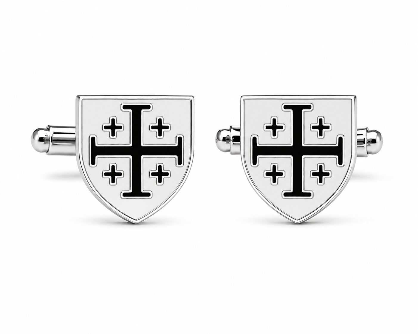 Black and white enamel Jerusalem Cross shield cufflinks in polished silver tone with bullet back closures for Christian men's formal wear.